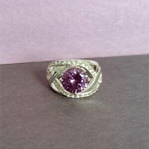 Avon CZ Silver Tone Classic Stunner Ring Purple Sz 6 Jewelry Amethyst BirthStone